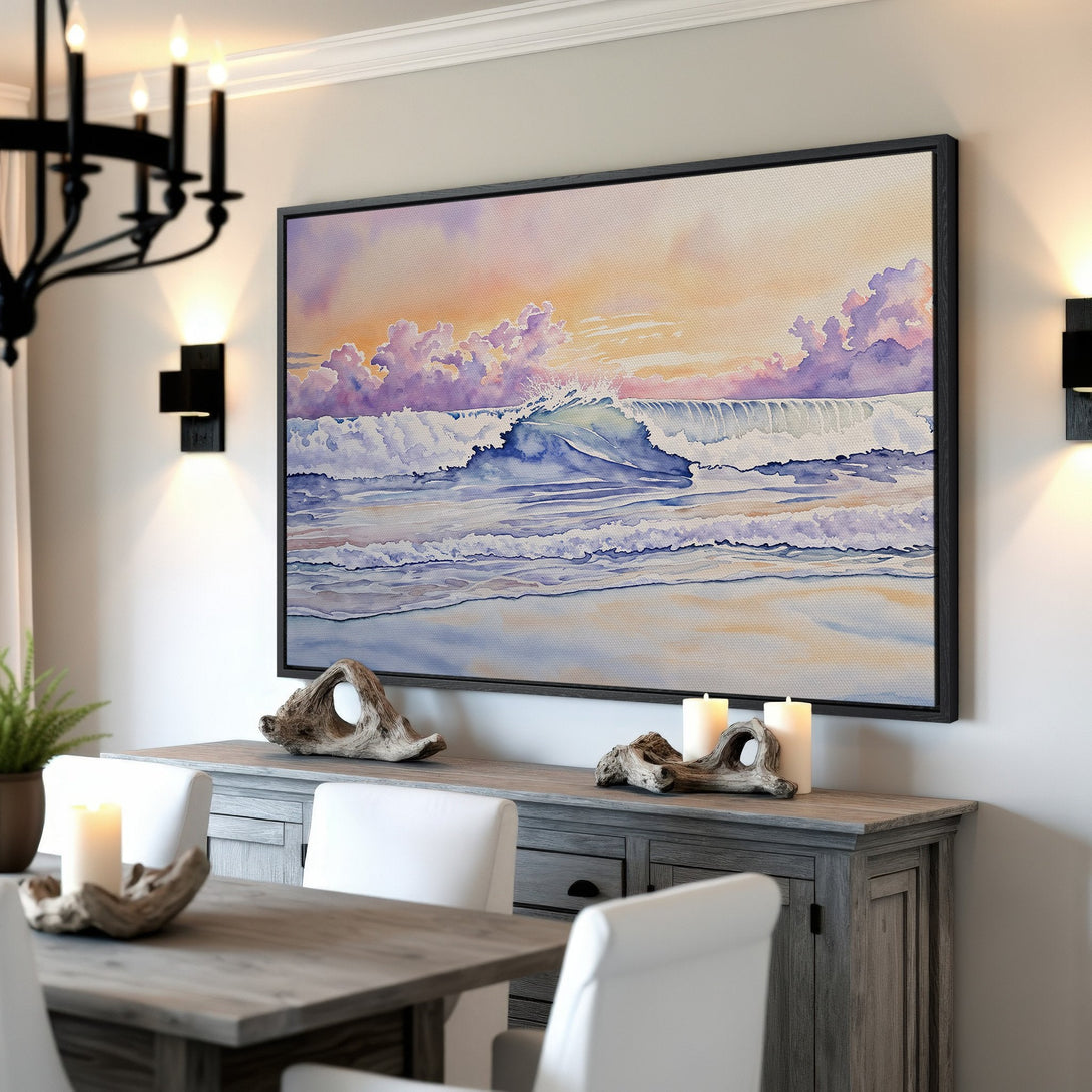 Framed Wall Art featuring a watercolor seascape with a vibrant sunset color palette. Coastal decor for a serene home.