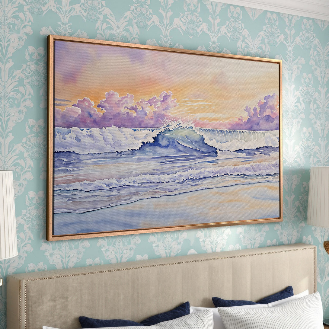 Framed Wall Art: Watercolor seascape Canvas Print with ocean waves in a soothing palette of blues, purples, and gold. Perfect coastal decor!