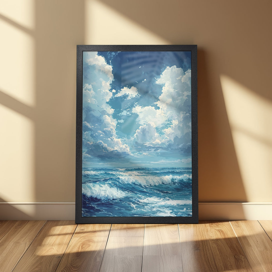 Framed Poster featuring an ocean wave art print. Coastal style with blue and white color palette. Perfect wall decor for any space.