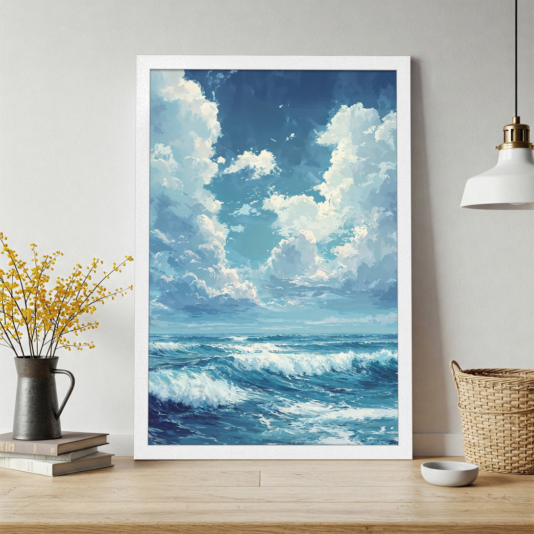 Framed Poster of ocean waves and sky in blue and white, artistic style. Perfect wall art for coastal decor.