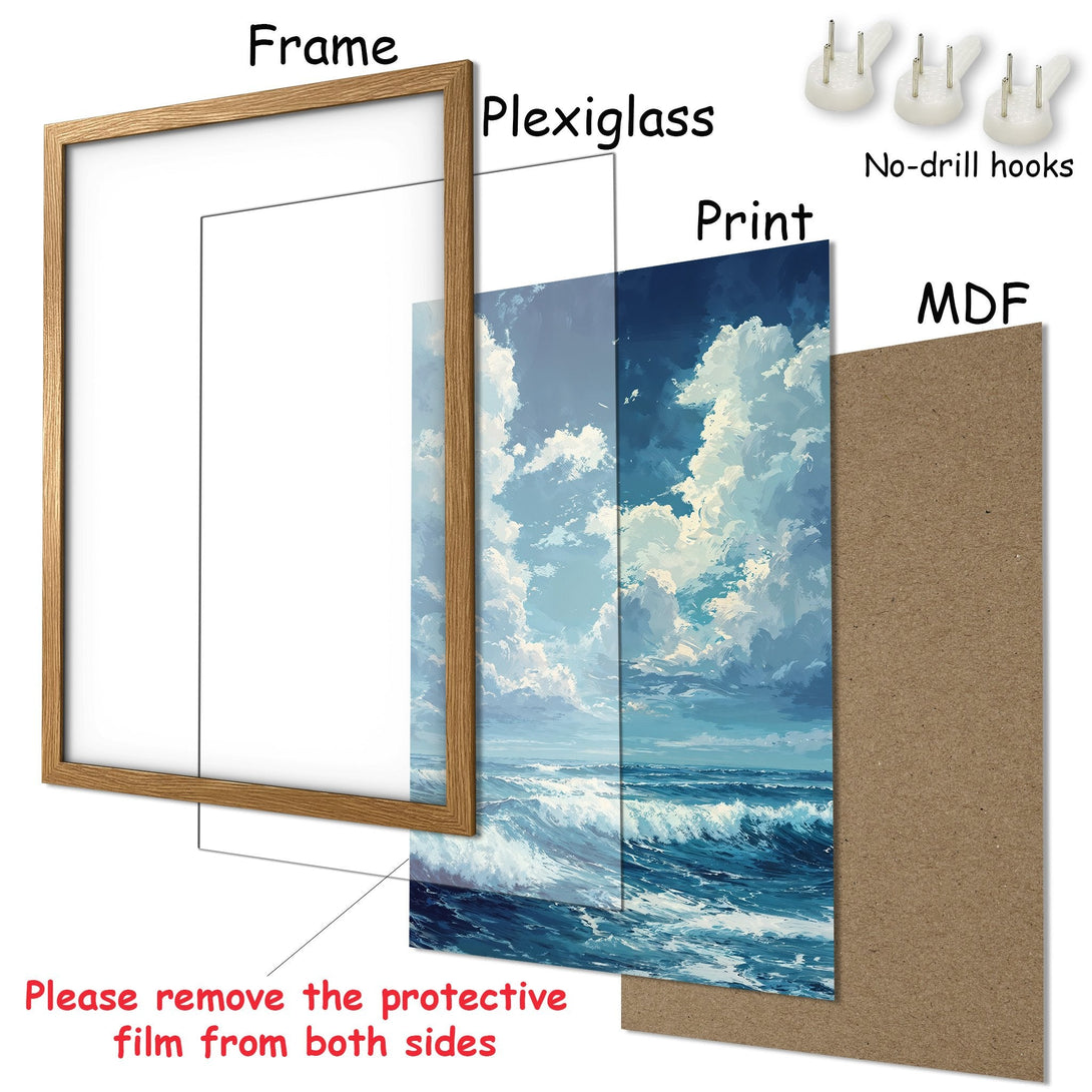 Framed Poster featuring a serene ocean scene in a painterly style with a blue and white color palette. Perfect wall art!