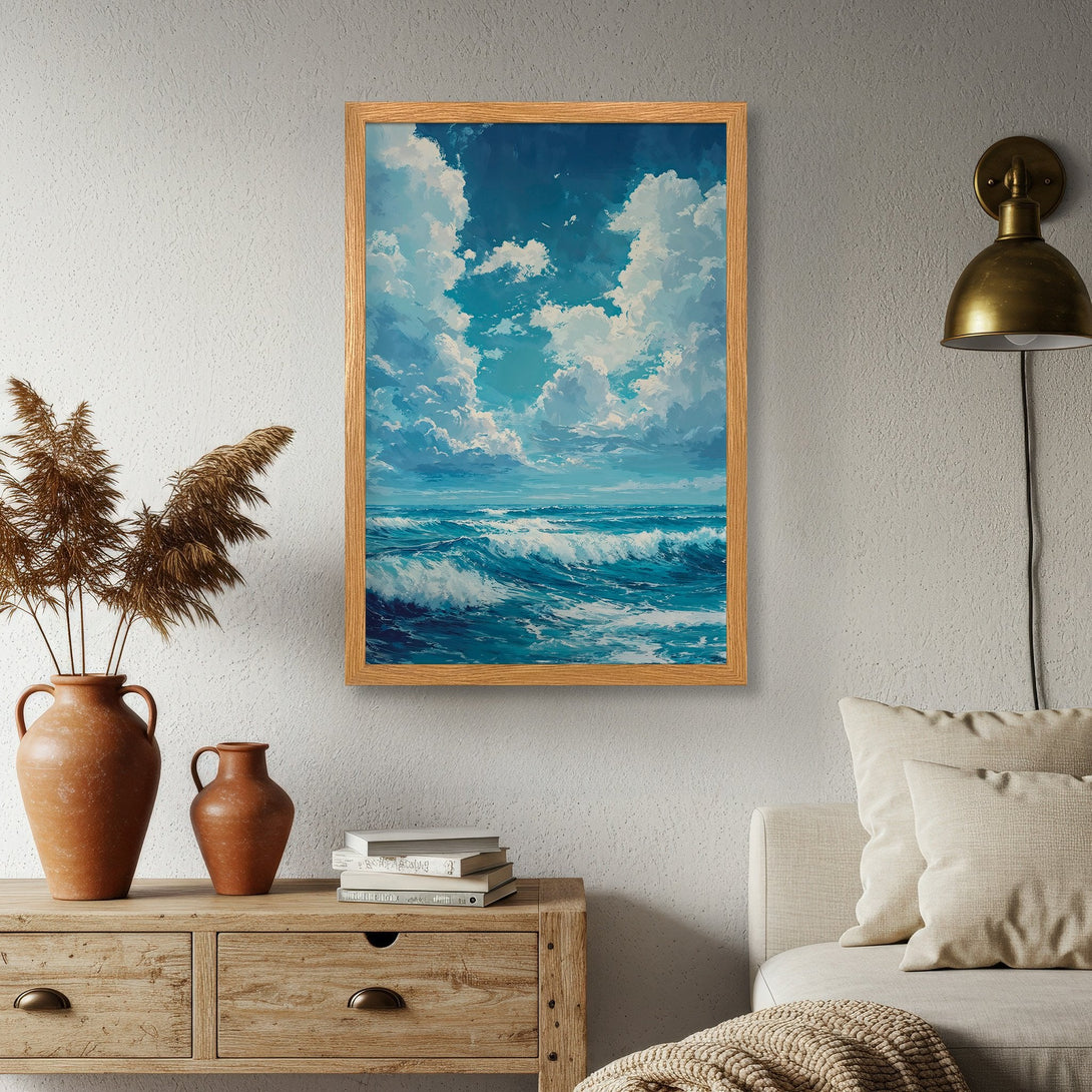 Framed Poster of ocean waves and sky, artistic style, blue and white color palette. Add coastal vibes to your space!