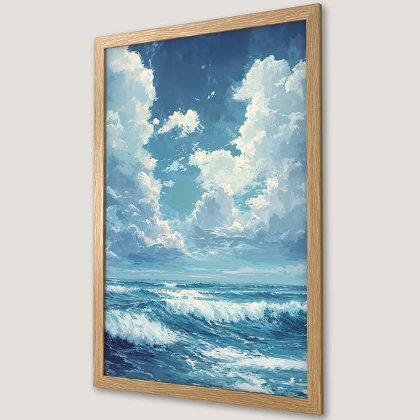 Framed Poster featuring a serene ocean scene with dramatic clouds, painted in a dreamy, impressionistic style. Blue and white color palette.