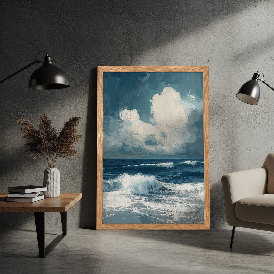 Framed Poster of ocean waves in a painterly style with a blue and white color palette. Perfect wall art for coastal decor.