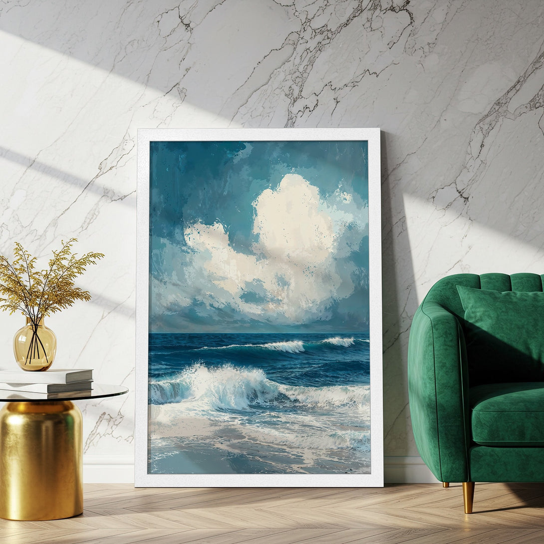 Framed Poster: Ocean waves art print in blue and white, perfect for coastal decor. Enhance your space with this stunning artwork!