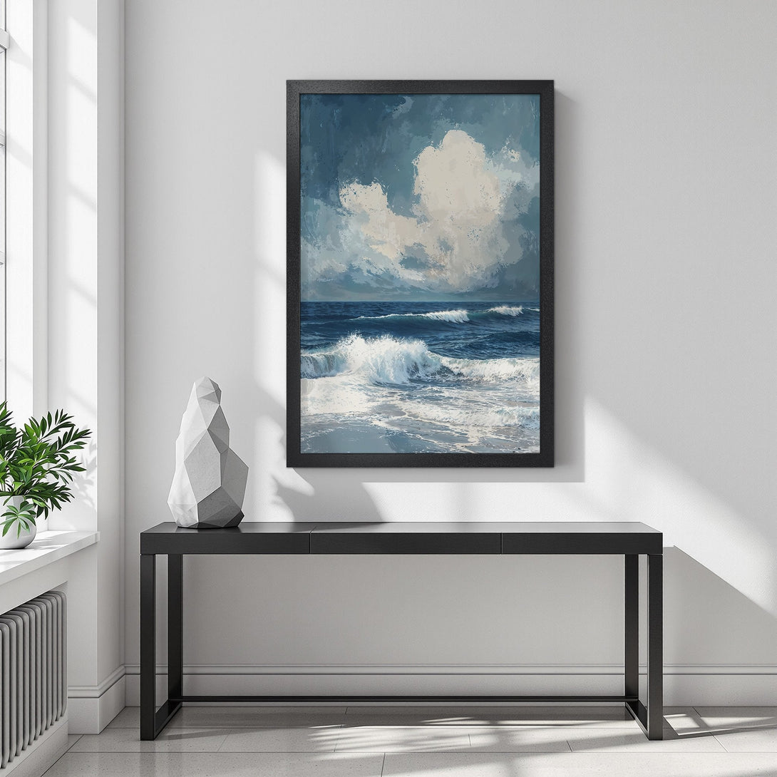 Framed Poster of a seascape painting in blue and white tones. Add coastal vibes to your space with this art print!