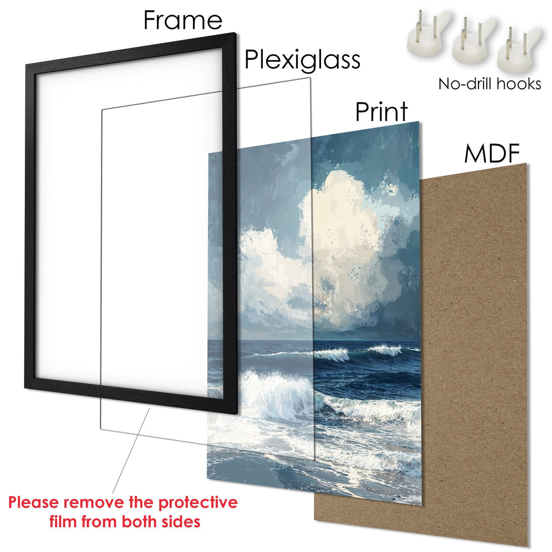 Framed Poster featuring an ocean wave art print. Coastal style with a blue and white color palette. Perfect wall decor!
