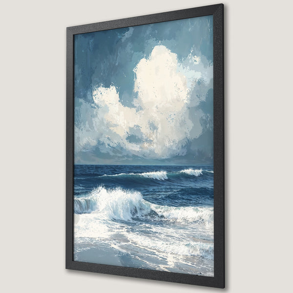 Framed Poster of ocean waves in a painterly style with a blue and white color palette. Perfect art for your home!