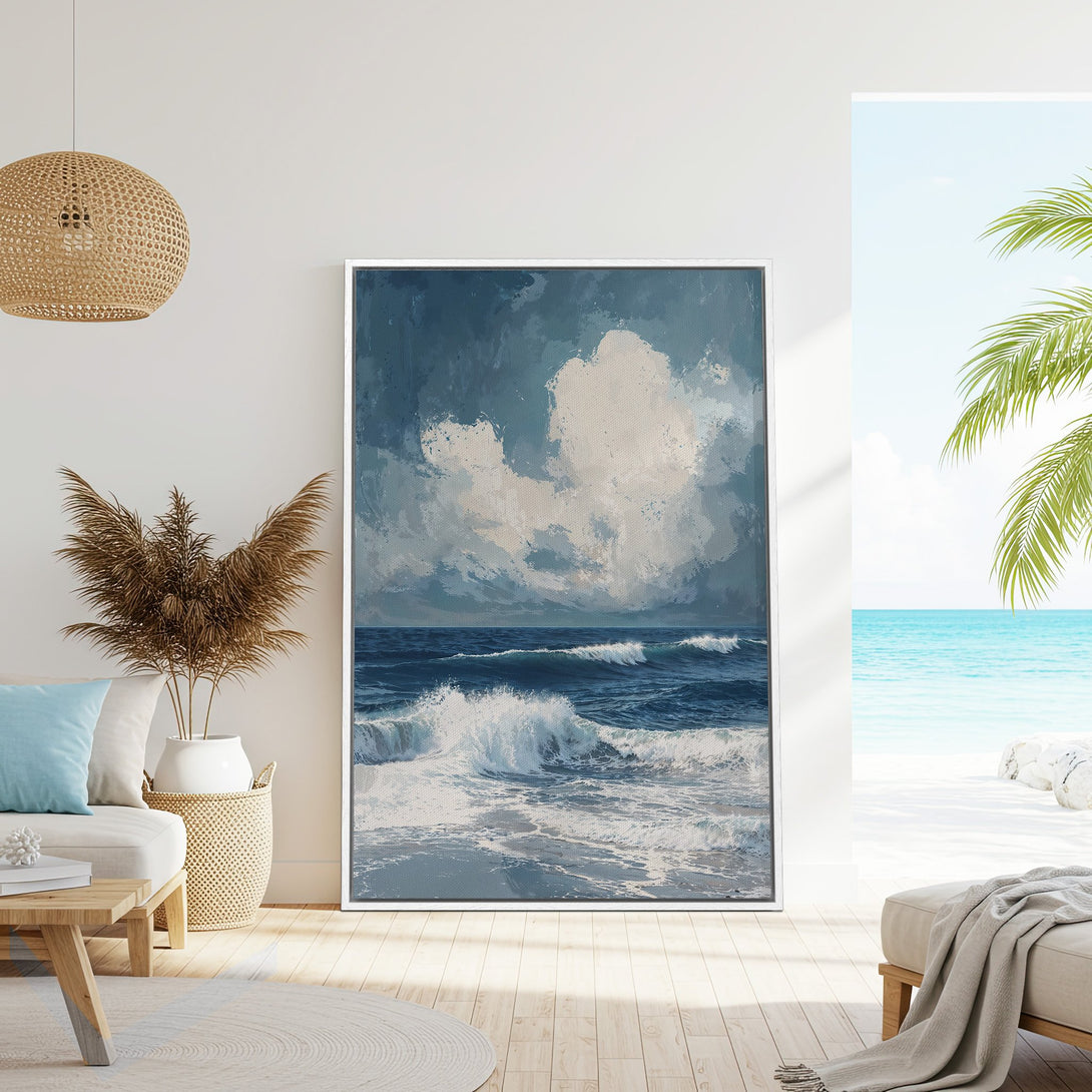 Framed Wall Art: Coastal ocean waves in blue & white. Modern canvas print adds serene beach vibes to your home decor. Shop now!