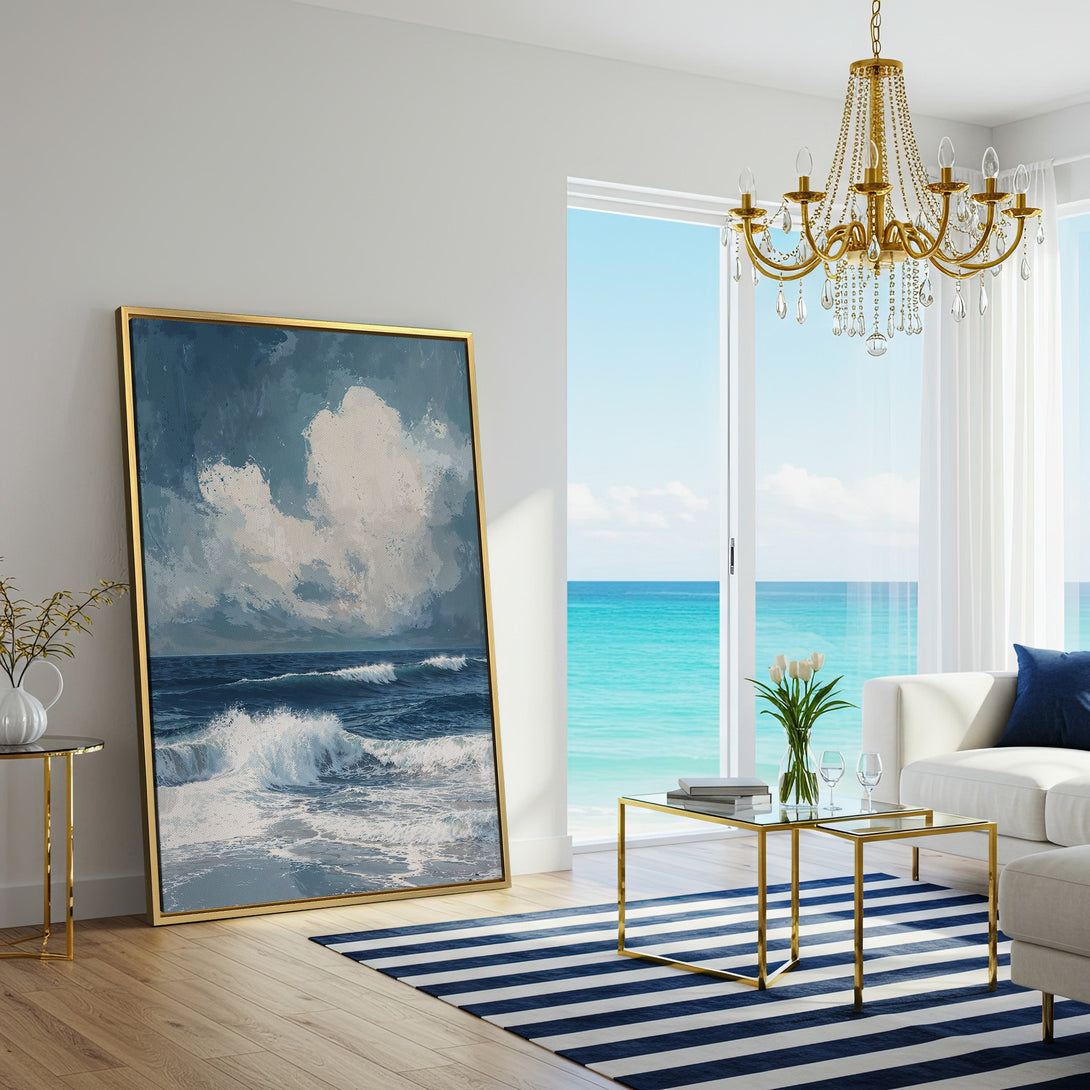 Canvas Print of ocean waves art in a coastal style. Blue and white color palette adds a serene touch to any living room.