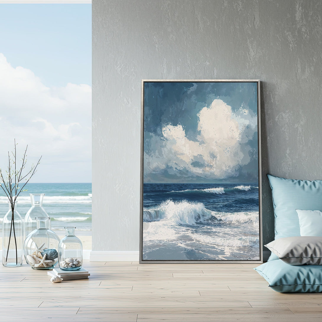 Framed Wall Art: Ocean waves canvas print in a coastal interior. Blue and white abstract art adds a serene touch to your home decor. Shop now!