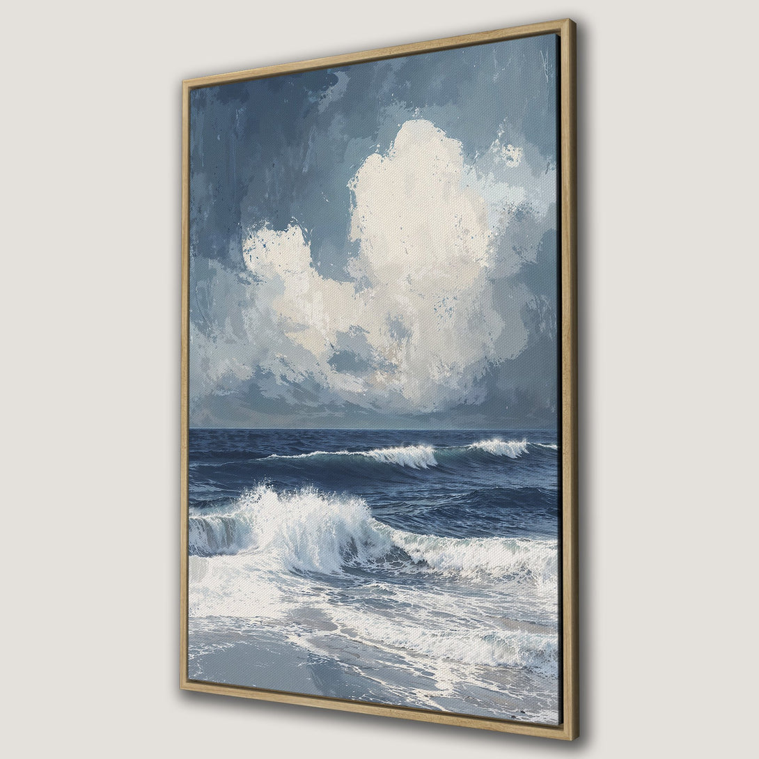 Framed Wall Art of ocean waves painting, blue and white color palette. Coastal art canvas print for home decor.
