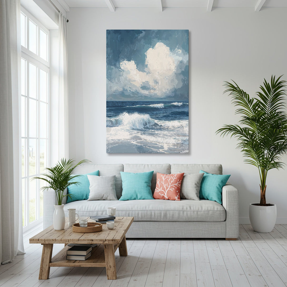 Framed Wall Art of ocean waves in blue and white, displayed in a bright coastal living room. Add a touch of serenity to your space!
