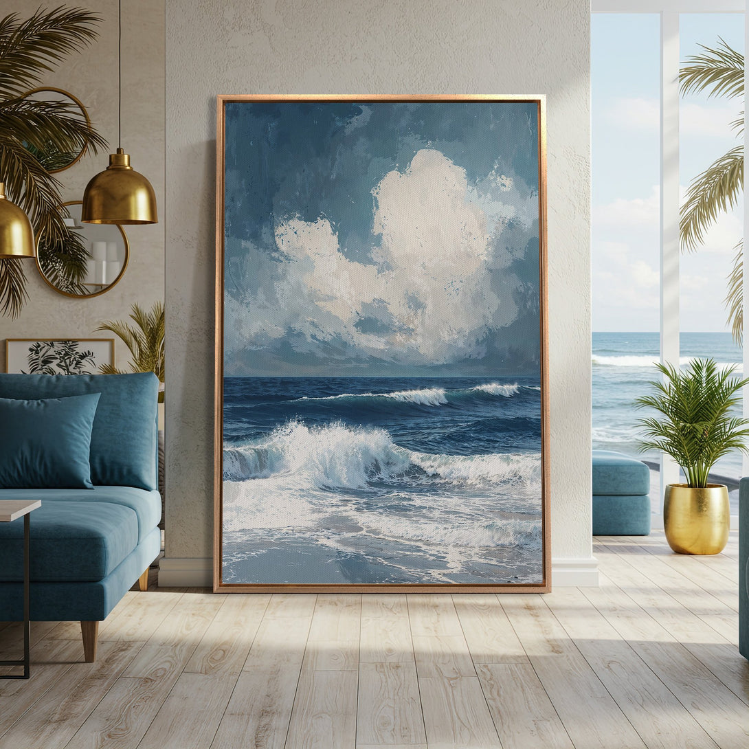 Framed Wall Art: Ocean waves painting in blue and white, displayed in a modern interior. Coastal art for a serene living room.