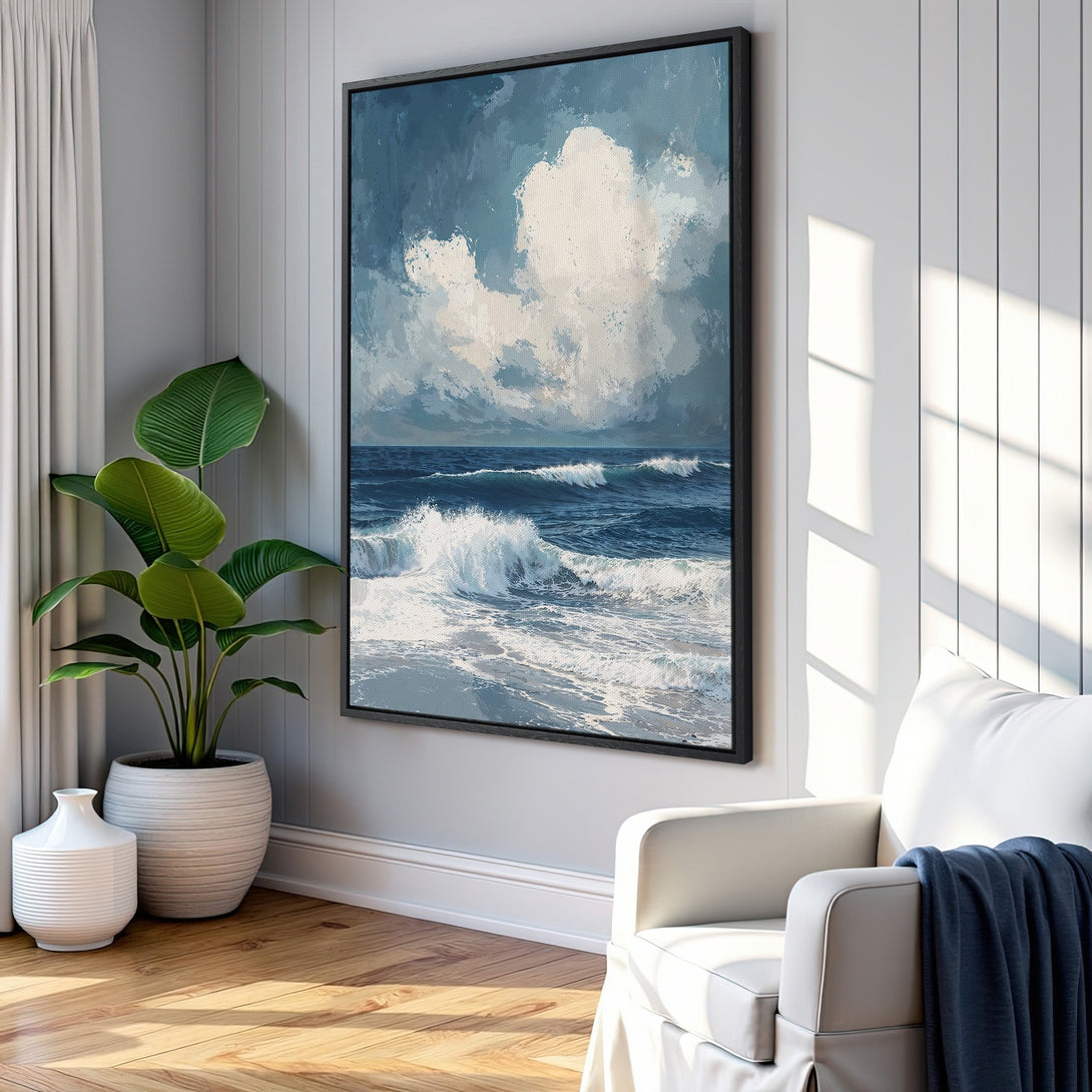 Framed Wall Art: Ocean waves painting in blue and white tones. Coastal art print adds serene style to any space. Shop now for your perfect wall decor!