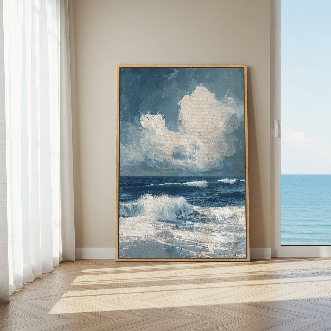 Framed Wall Art of ocean waves in a blue and white palette, perfect for coastal decor. Add a touch of serenity to your home with this canvas print.