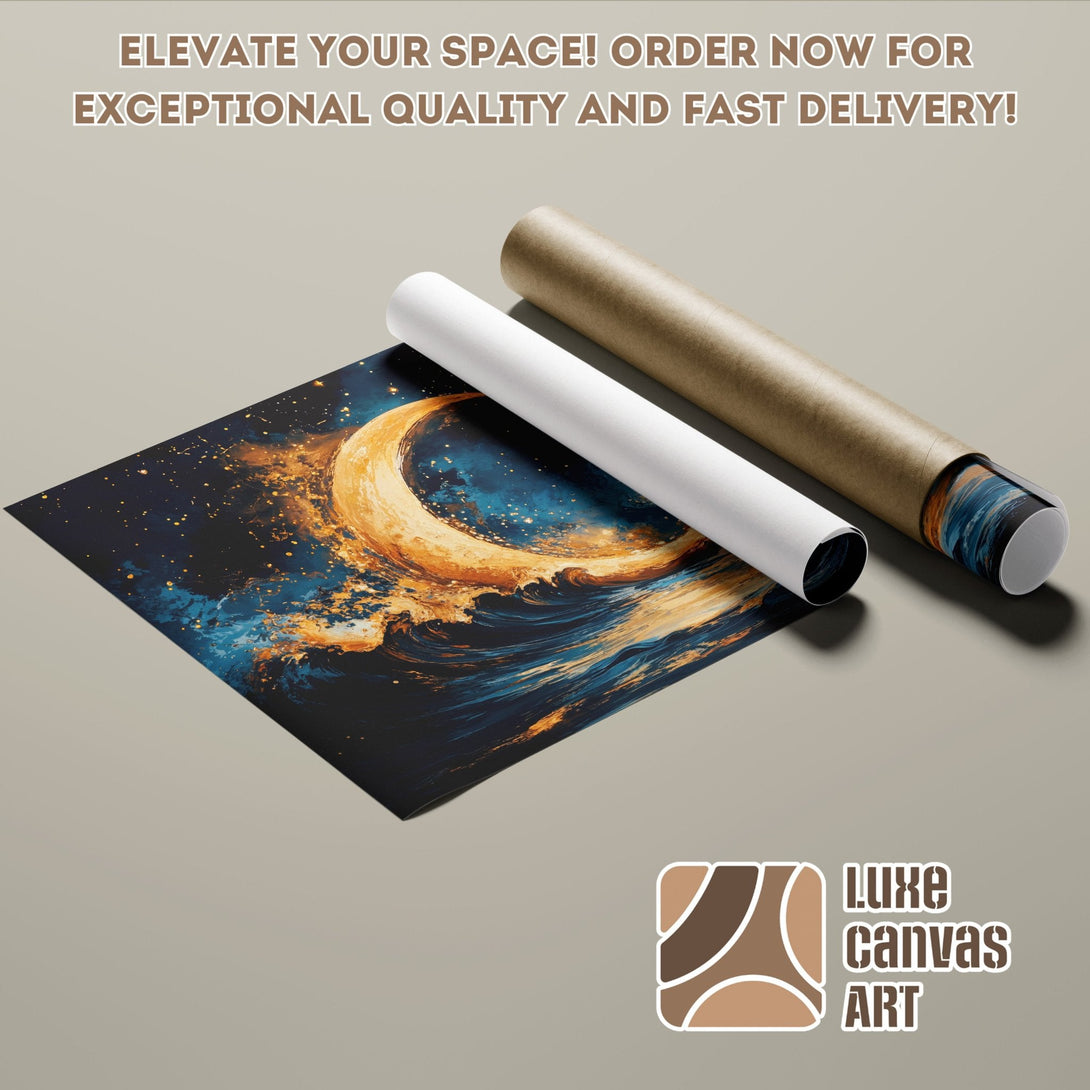 Abstract moon poster roll in blue, gold, and navy tones. Elevate your space with art!