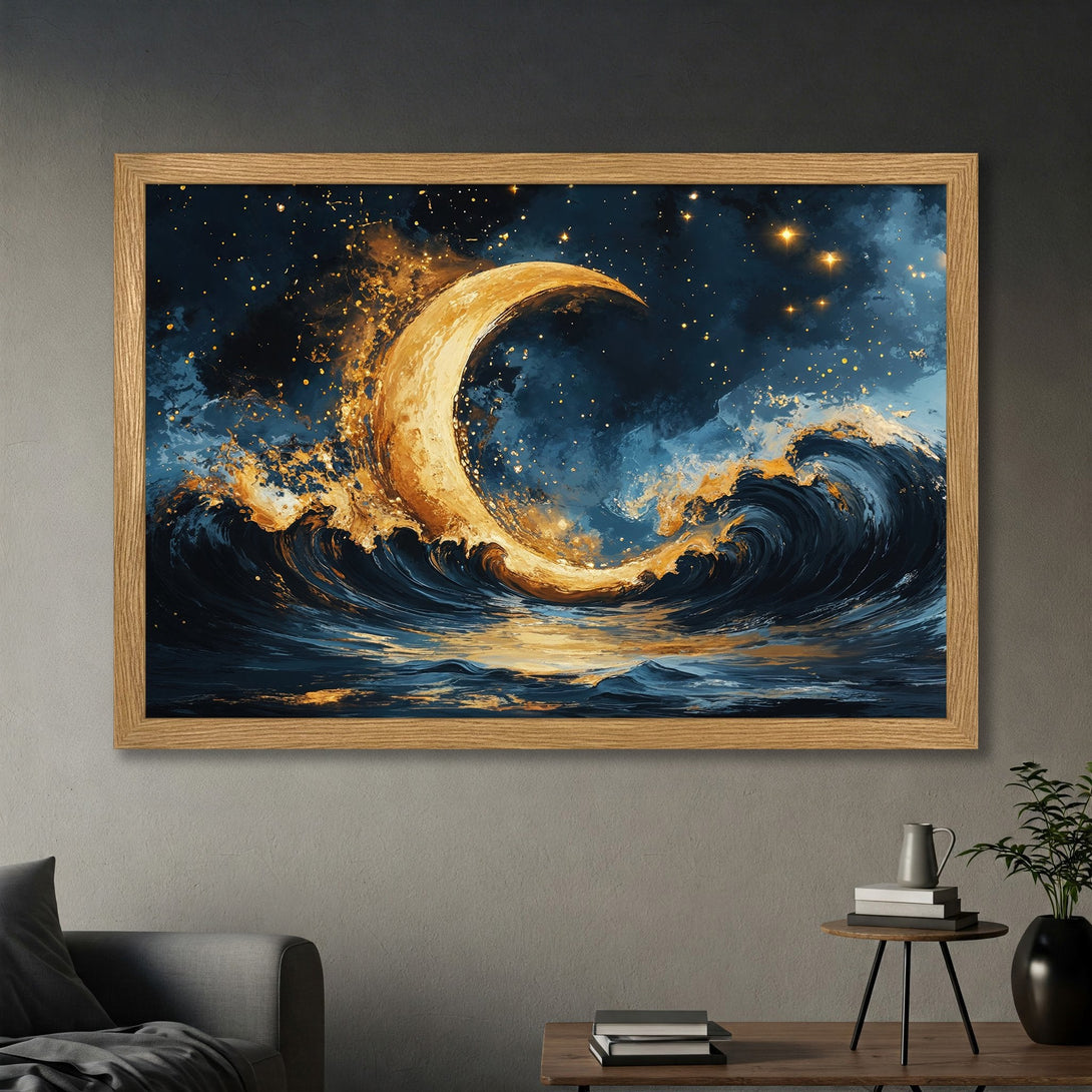 Framed Poster of a moon over ocean waves, artistic style with gold and blue color palette, perfect wall art.