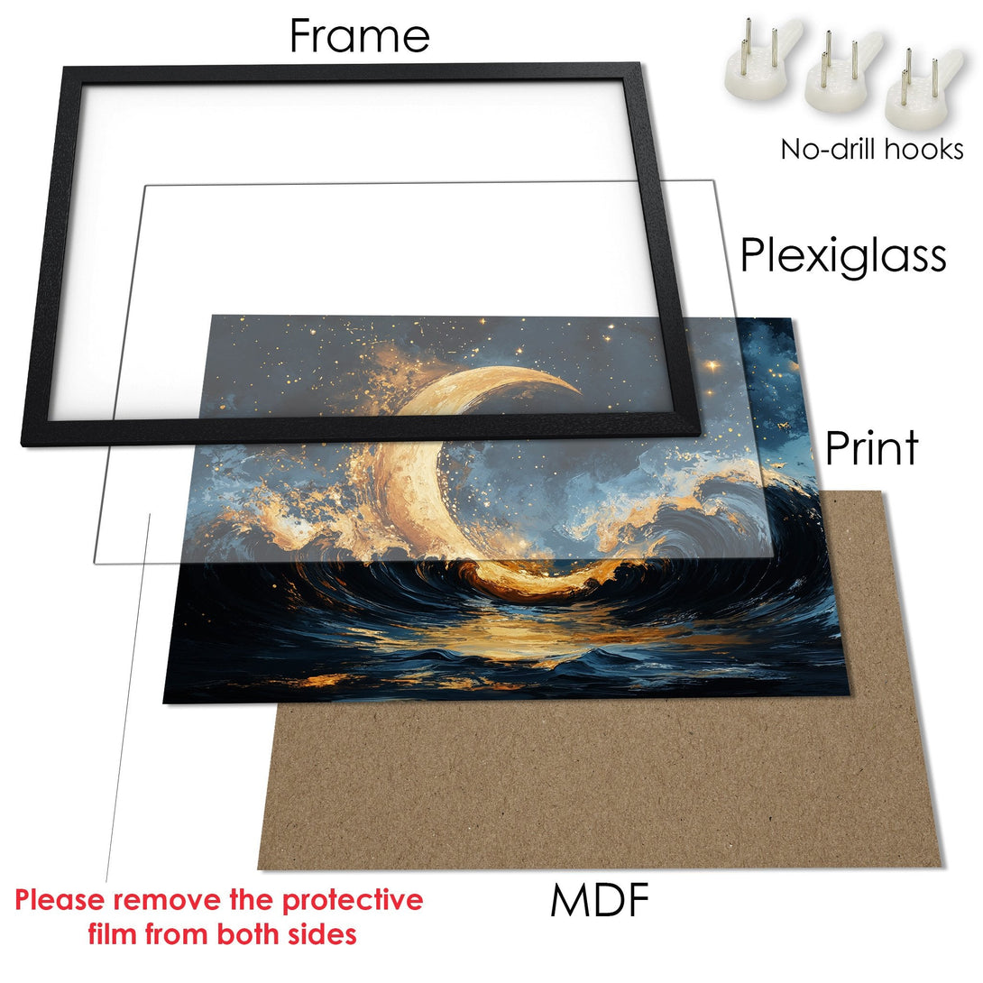 Framed Poster featuring a celestial ocean scene in blue and gold. Perfect wall art for your home!