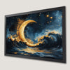 Ocean Waves and Golden Crescent Moon Art Poster for Celestial Decor