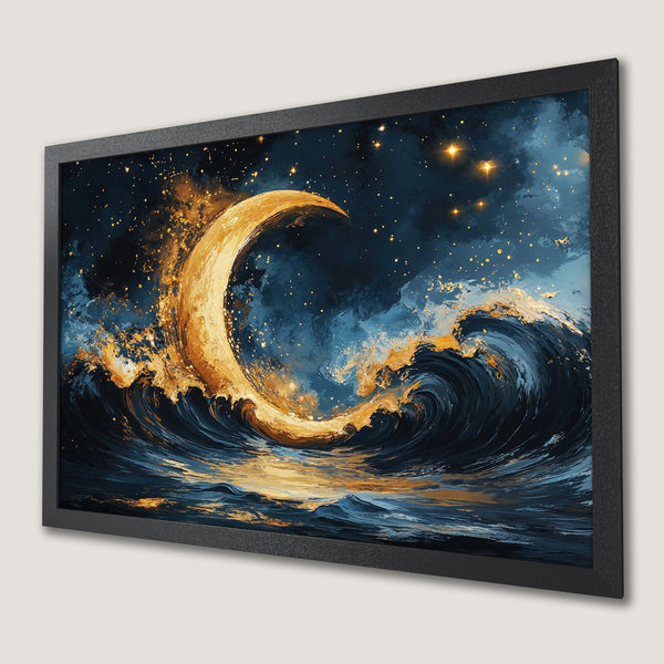 Framed Poster featuring a celestial moon over ocean waves, artistic style, blue and gold color palette. Perfect wall art!
