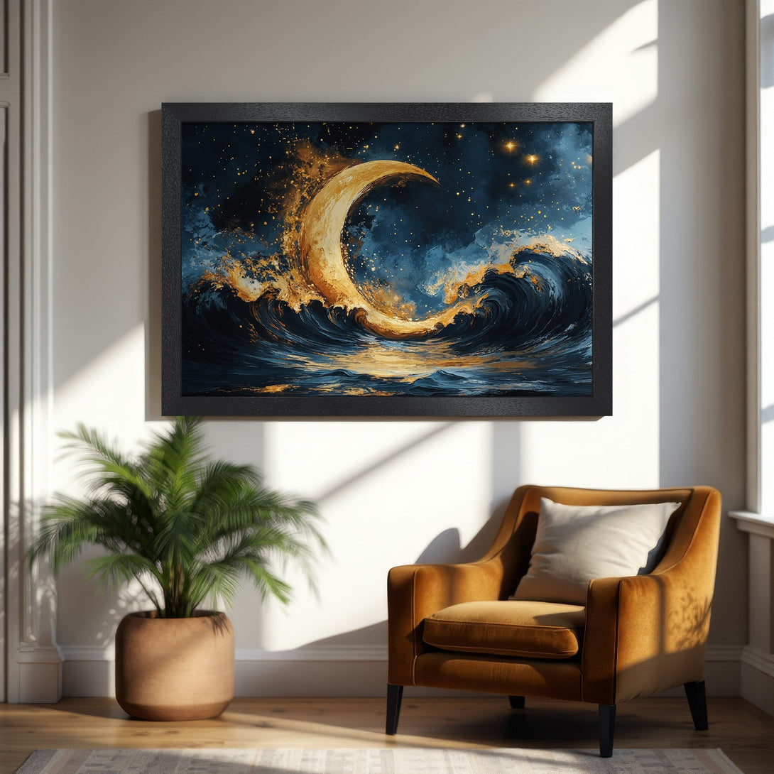 Framed Poster featuring a celestial moon over ocean waves in a dreamy, artistic style with a blue and gold color palette.