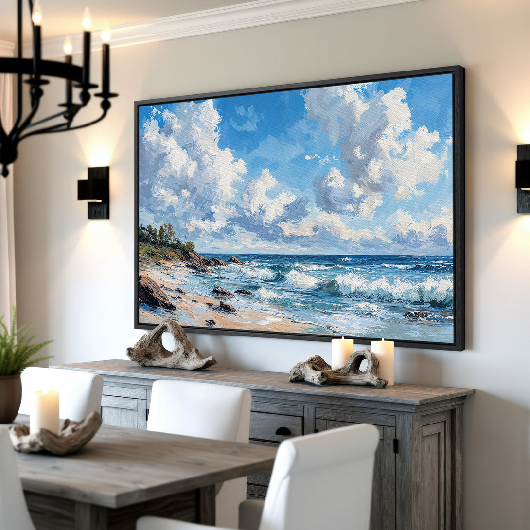 Framed Wall Art: Ocean waves canvas print in a coastal style, featuring blue, white, and neutral tones. Perfect for adding a serene touch to your home decor.