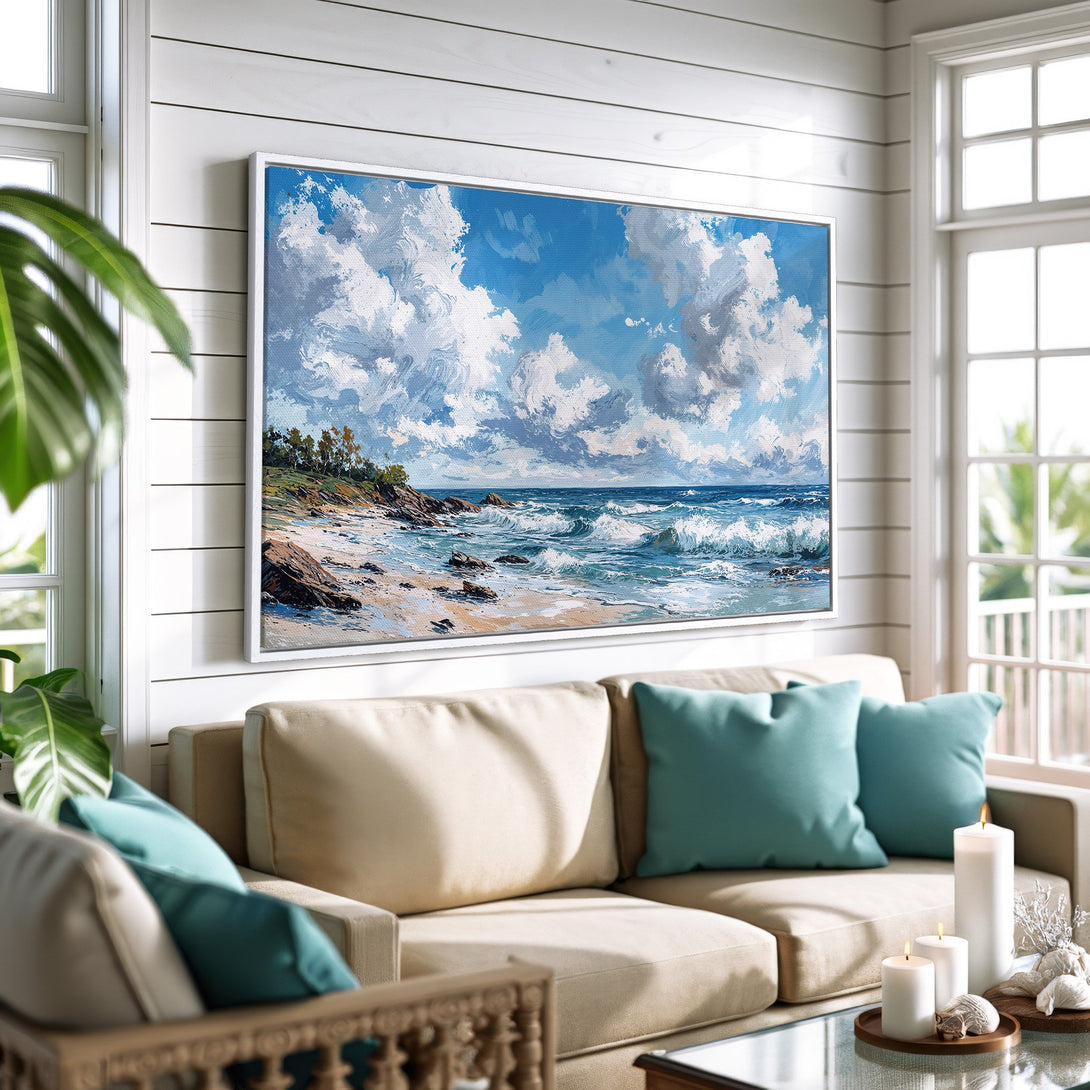 Framed Wall Art: Coastal landscape Canvas Print in blue and white, perfect for living room decor. Adds a touch of serenity and style.