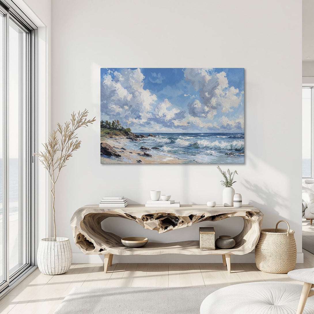 Framed Wall Art: Coastal seascape Canvas Print with blue, white, and gold color palette. Perfect for living room decor.