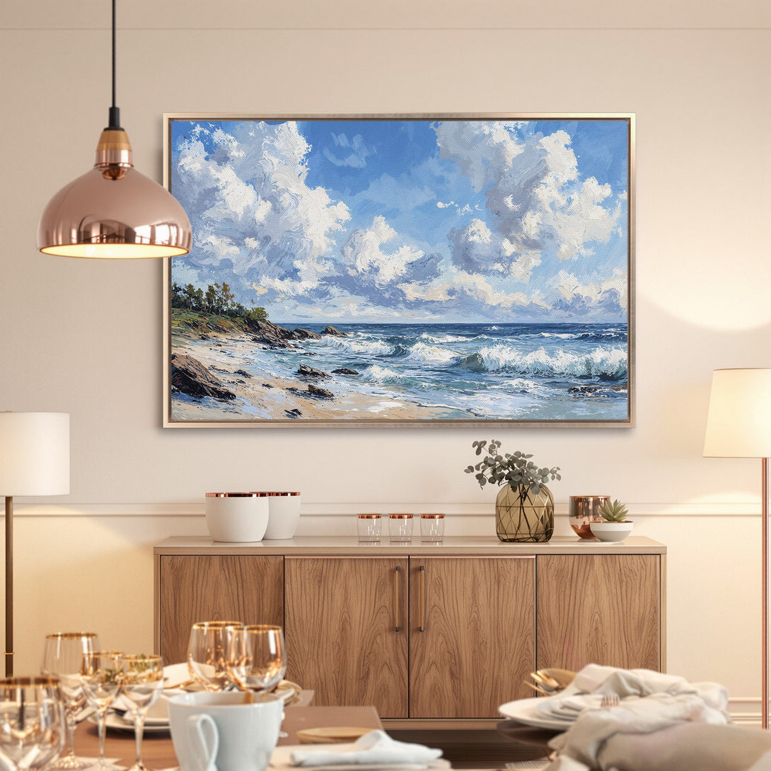 Framed Wall Art: Coastal landscape Canvas Print featuring a serene beach scene with blue, white, and neutral tones. Perfect for any home decor!