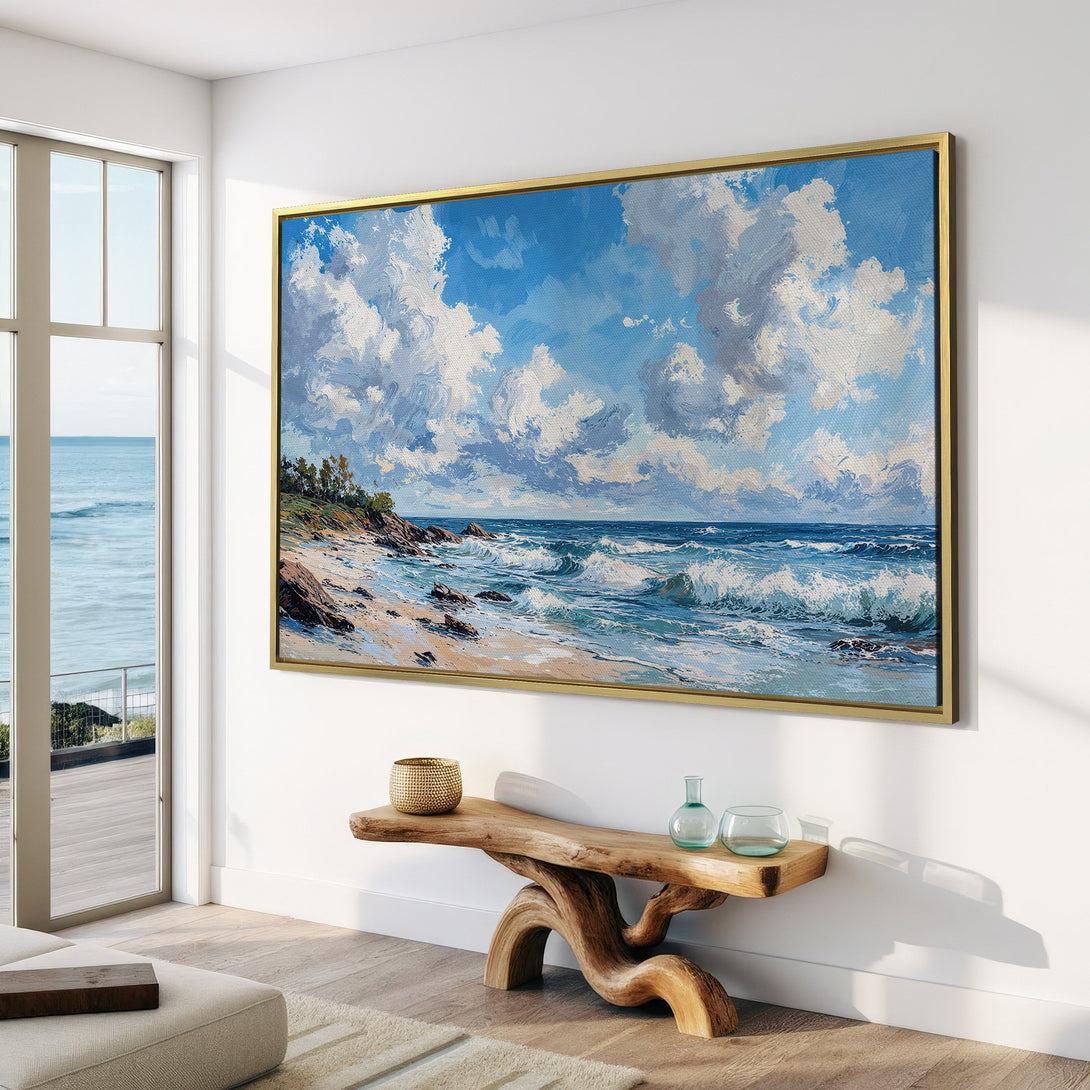 Canvas Print of a serene ocean landscape painting in blue and white, a perfect addition to any coastal home decor.