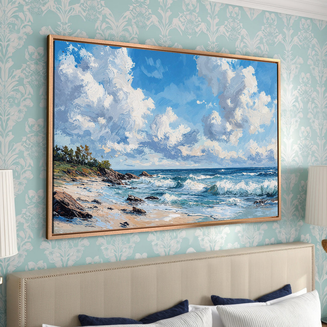 Framed Wall Art: Stunning beach landscape Canvas Print in blue and white, perfect for coastal decor. Add a touch of serenity to your home!
