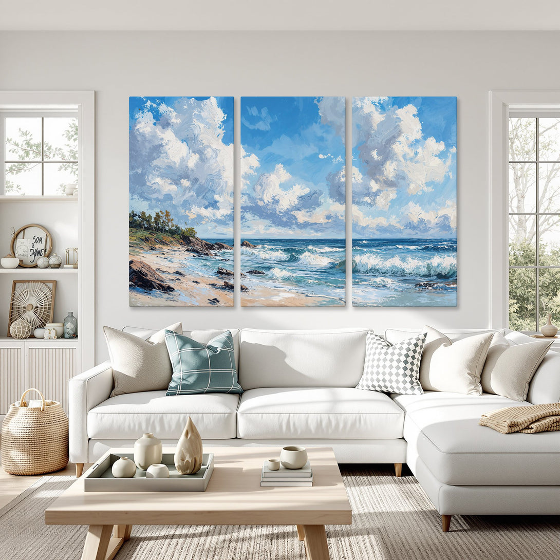 Coastal Canvas Print triptych featuring a vibrant seascape painting in blue and white. Perfect for adding a touch of serenity to any room.