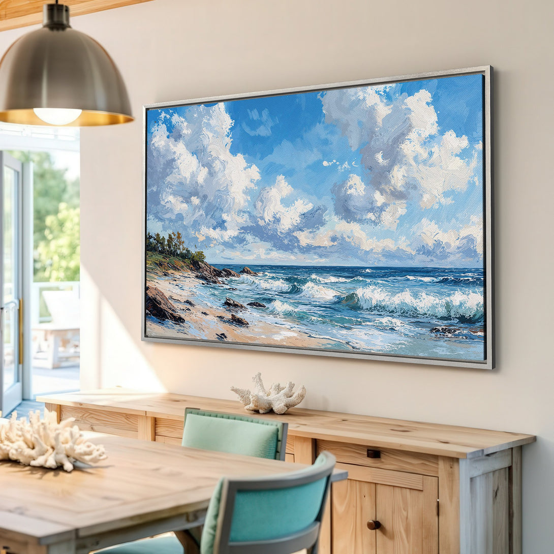 Framed Wall Art: Coastal landscape Canvas Print with blue, white, and sandy tones. Bring the beach vibes to your home with this stunning artwork!