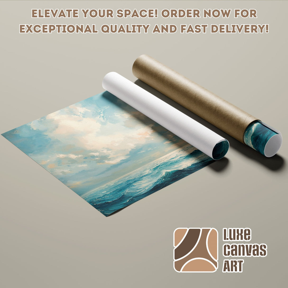 Ocean wave art Poster Roll in blue, teal, and beige tones. Elevate your space!