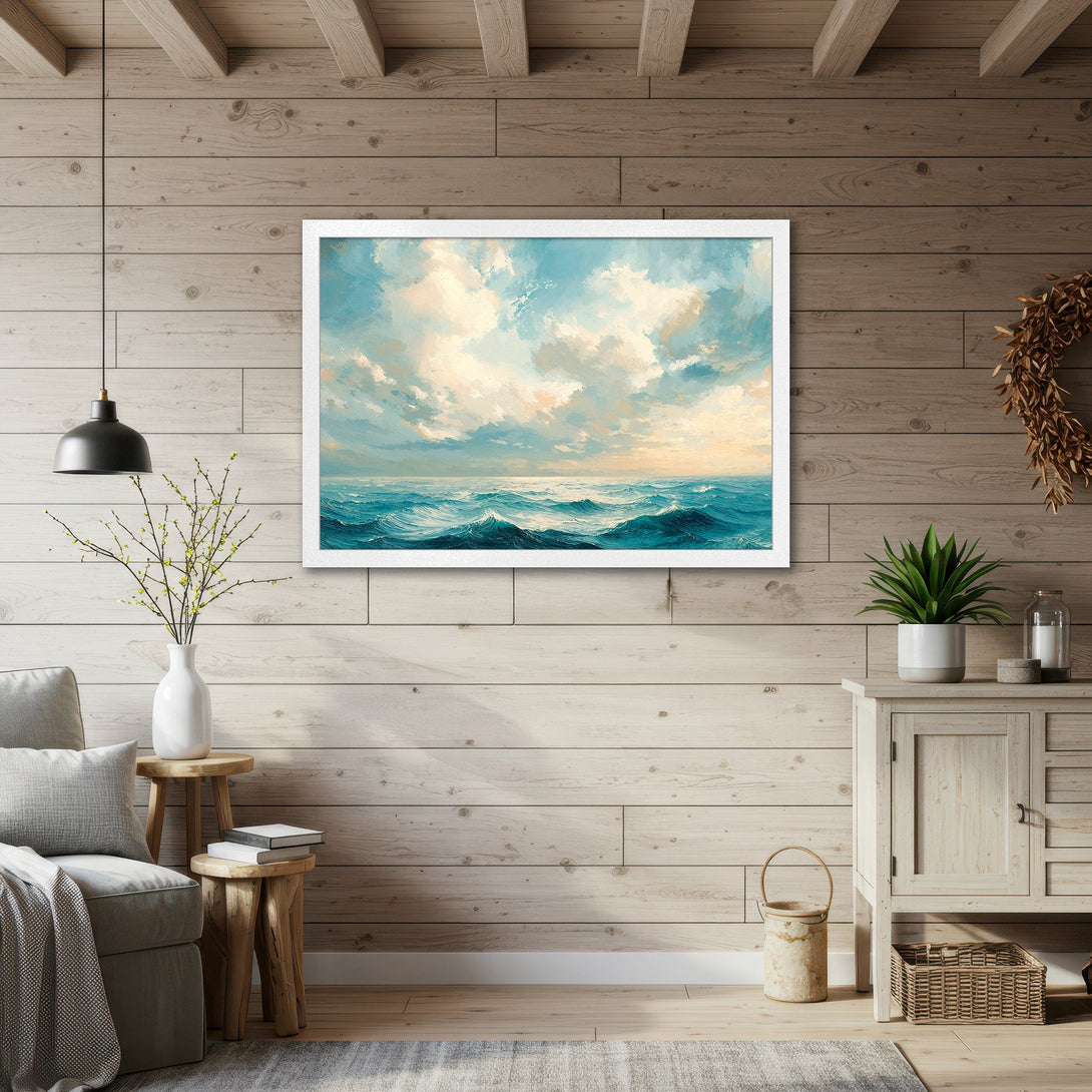 Framed Poster featuring an ocean landscape painting in a calming blue and beige palette, perfect for coastal decor.