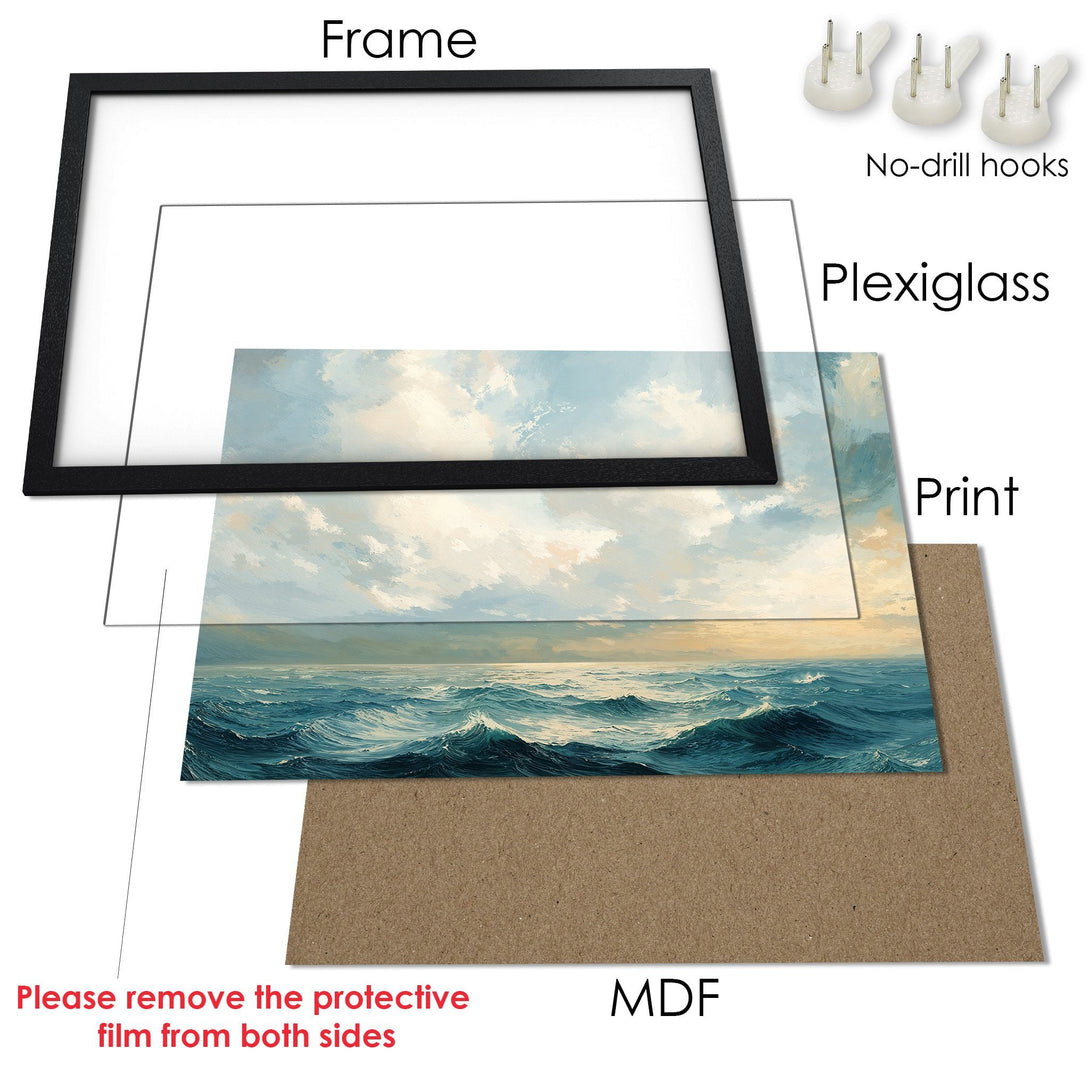 Framed Poster of ocean waves in a painterly style with a blue and beige color palette. Ready to hang art.