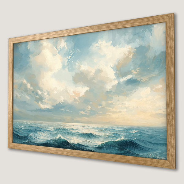 Framed Poster of ocean waves and sky in a serene, impressionistic style with a blue and beige color palette. Add coastal charm!
