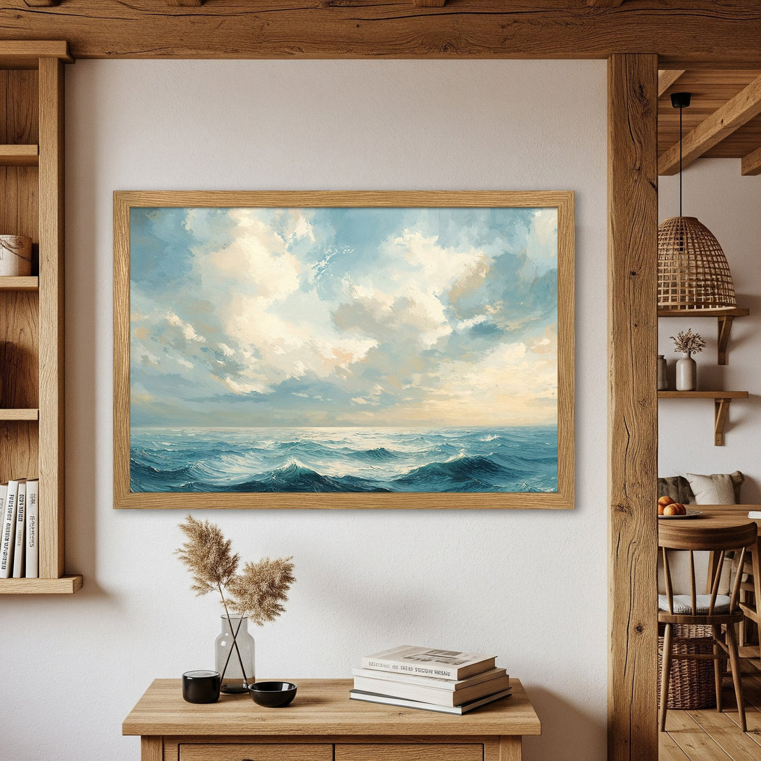 Framed Poster of ocean waves in a serene, impressionistic style with a blue and beige color palette. Perfect wall art for your home!