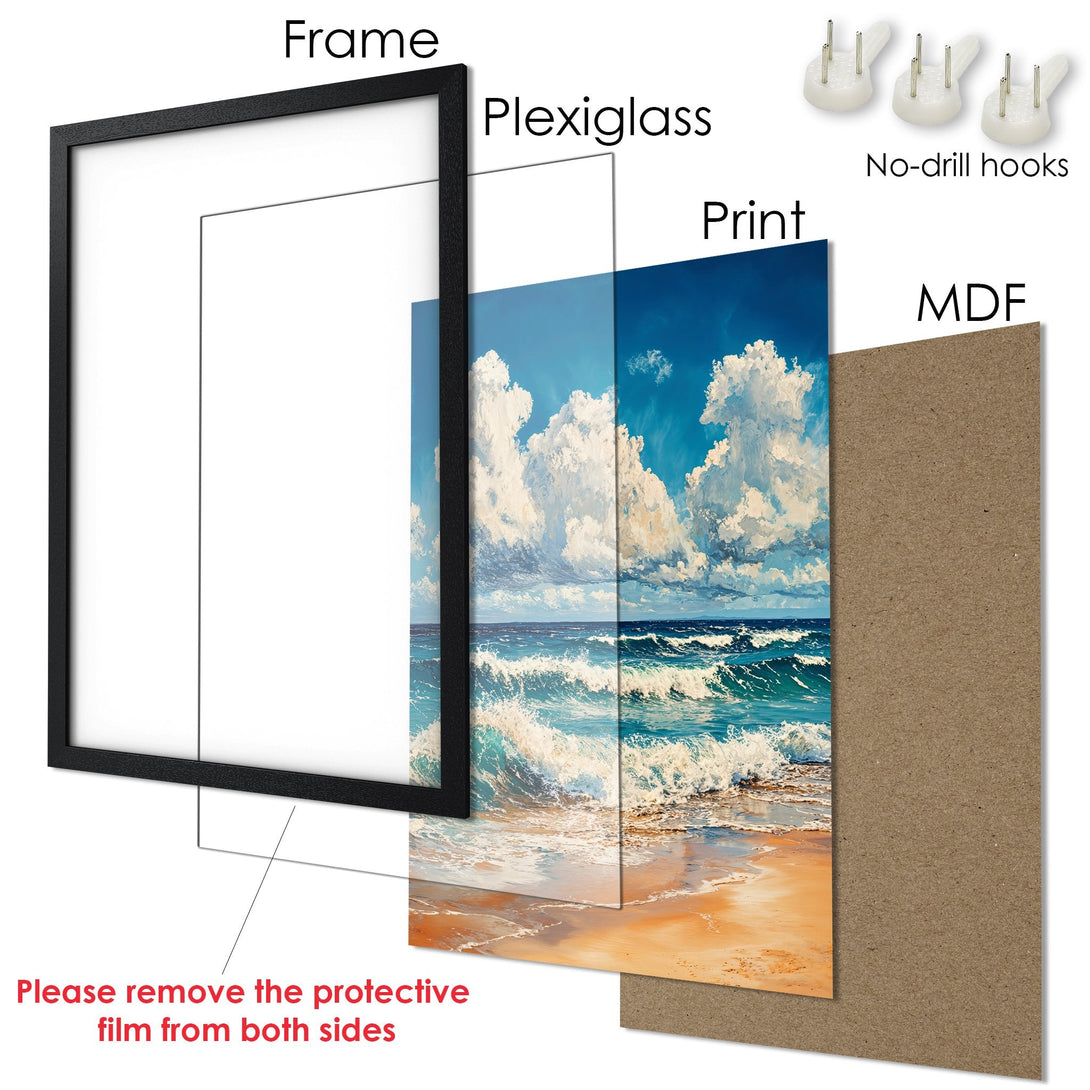 Framed Poster of a beach scene, featuring blue, white, and tan colors. Coastal art print ready to hang.