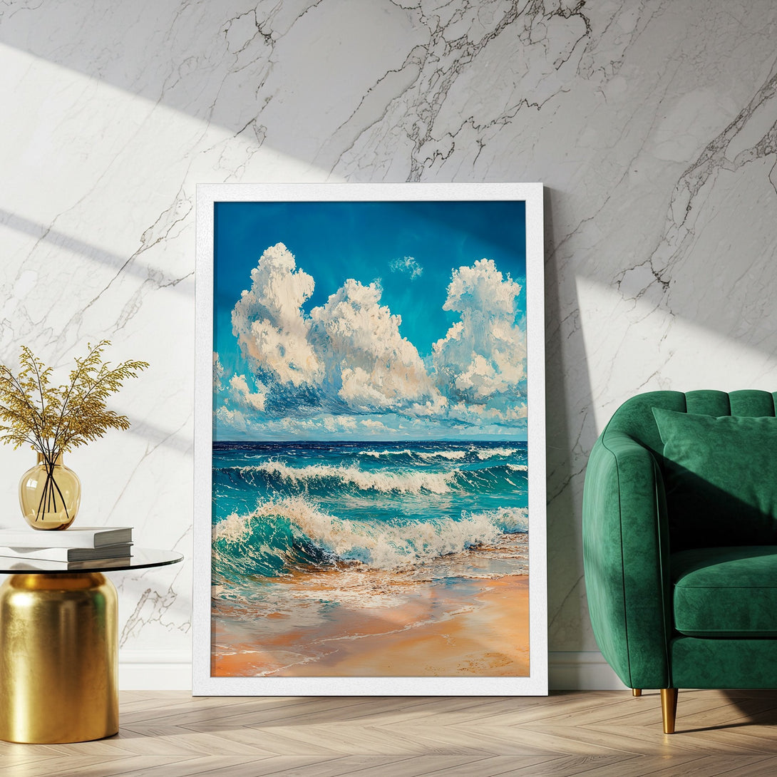 Framed Poster of a vibrant ocean scene with blue, turquoise, and white hues. Coastal art in a modern style, perfect for your home decor.