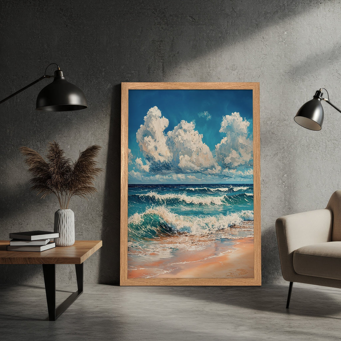 Framed Poster of a vibrant beach scene with blue, turquoise, and peach tones. Coastal art print for home decor.