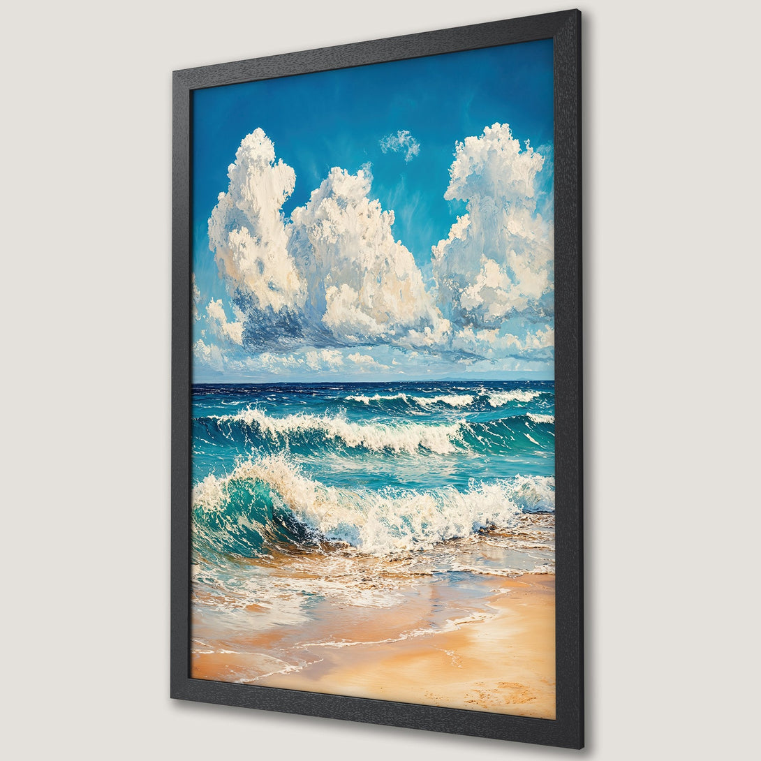 Framed Poster of a vibrant ocean waves painting with blue, turquoise, and white hues. Coastal art style, perfect for beach decor.