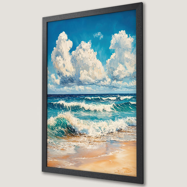 Framed Poster of a vibrant ocean waves painting with blue, turquoise, and white hues. Coastal art style, perfect for beach decor.