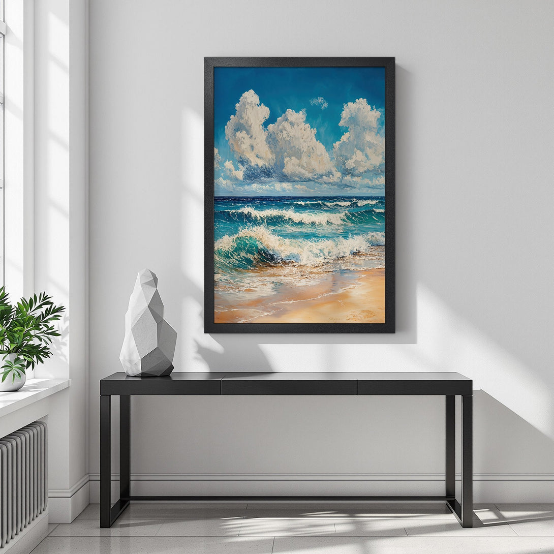 Framed Poster of ocean waves art, blue and white color palette, perfect for coastal decor.