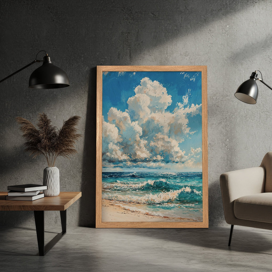 Framed Poster of a seascape painting in blue, white, and beige tones. Coastal art for home decor.