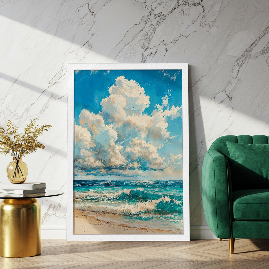 Framed Poster of ocean waves art, impressionist style, blue and neutral color palette, perfect for coastal decor.