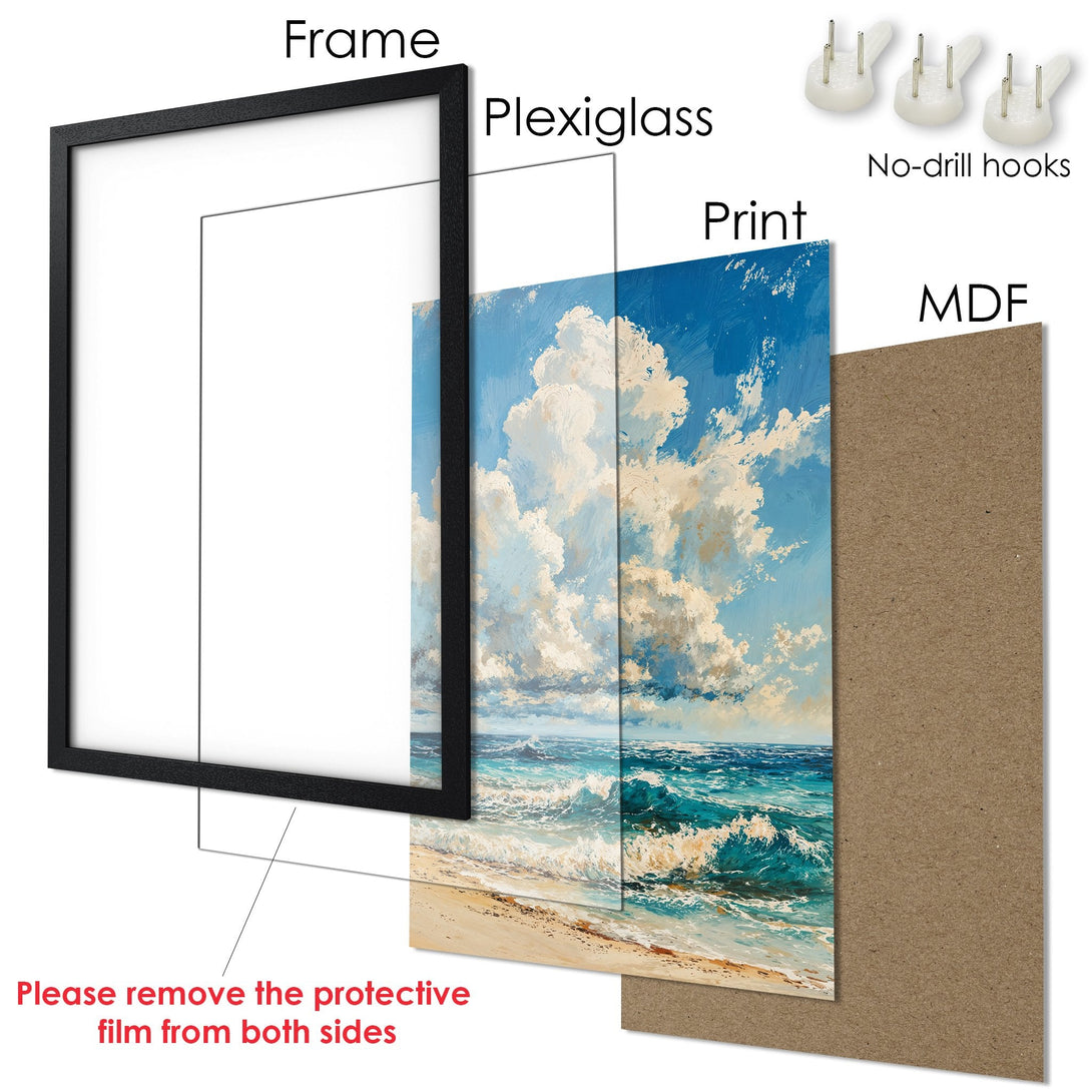 Framed Poster: Ocean waves art print in blue and beige tones. Enhance your space with this stunning coastal Poster!