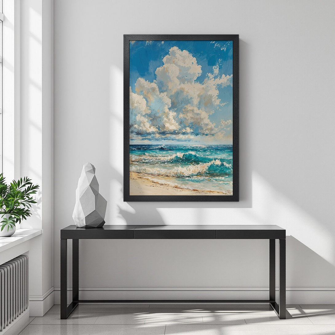 Framed Poster of a vibrant ocean scene with blue, white, and tan hues. Perfect wall art to bring a coastal vibe to your home.
