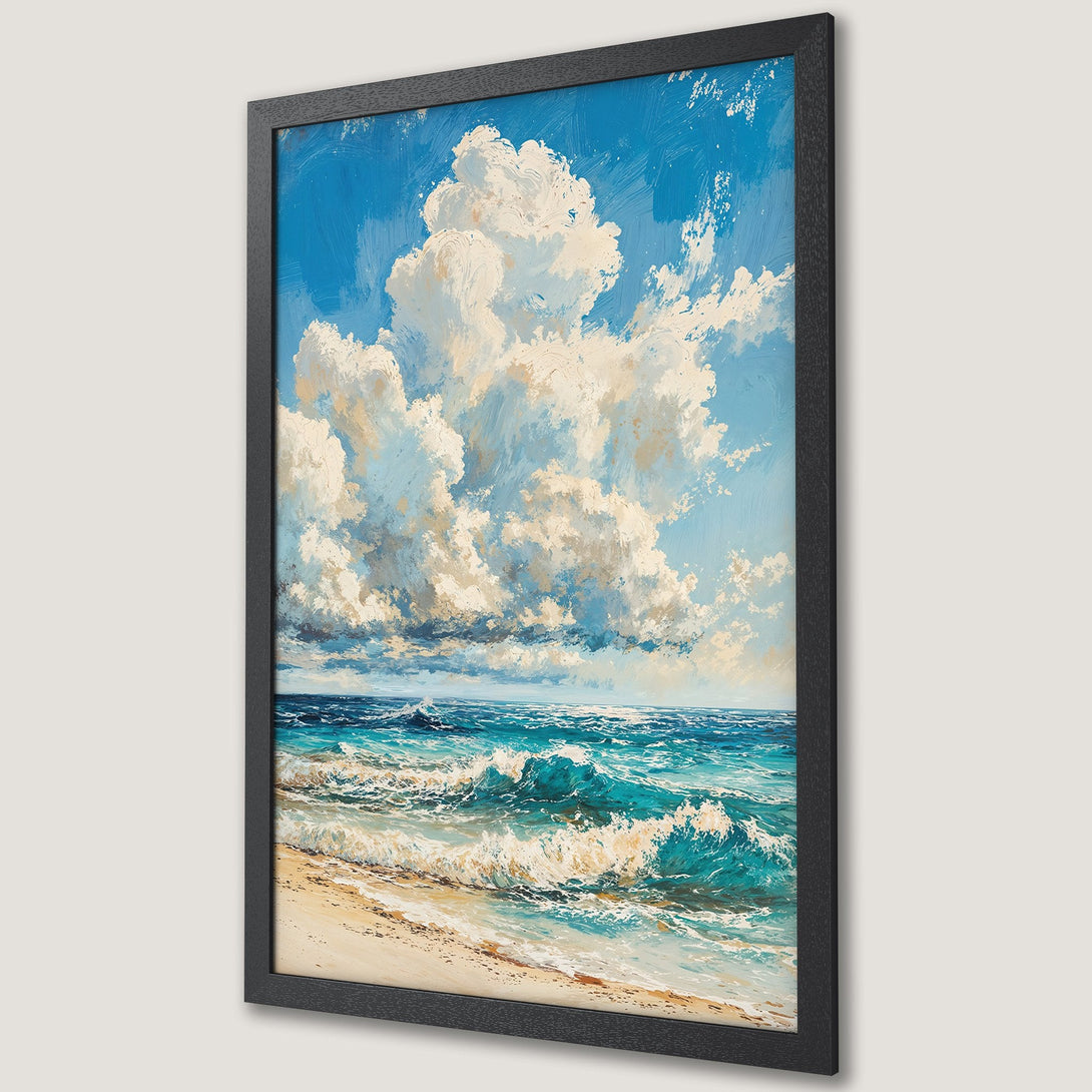 Framed Poster of ocean waves in a painterly style with blue, white, and beige hues. Coastal art for your home!